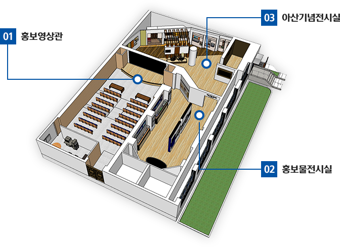 HD현대삼호 전시실 - 01홍보영상관, 02홍보물전시실, 03아산기념전시실